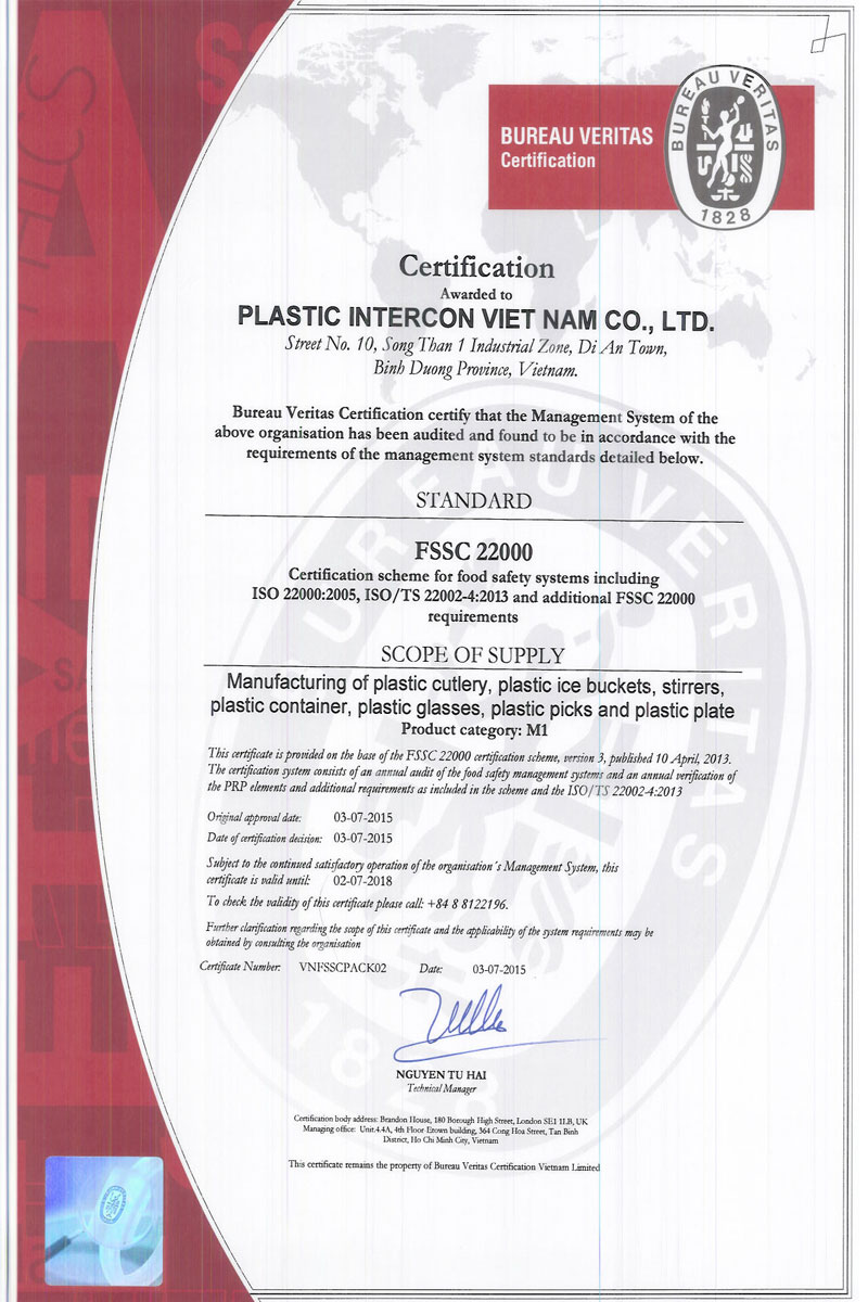 Chứng nhận FSSC 22000 - Công Ty TNHH Plastic Intercon Việt Nam